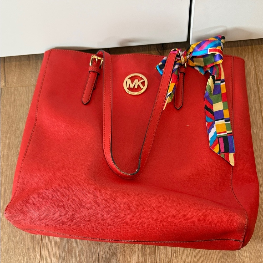 Michael Kors Red Orange tote Bag coated leather gold purse handbag MK designer - Picture 11 of 11